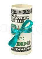 100 US dollar wrapped by ribbon over white background