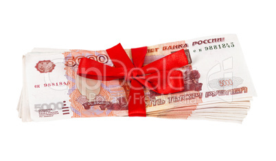 5000 Russian rubles wrapped by ribbon on white background