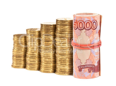 Russian rubles banknotes and coins over white