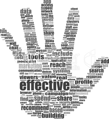 Illustration of the hand symbol, which is composed of text keywords on social media themes. Isolated on white