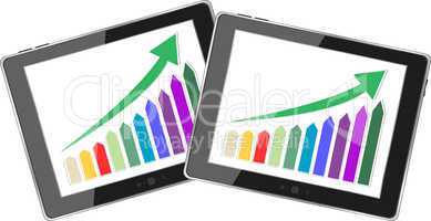 Modern digital tablet PC showing success growth chart on a screen. Isolated on white