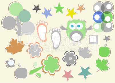 set of nature element for design - owls, legs, flowers, stars, trees