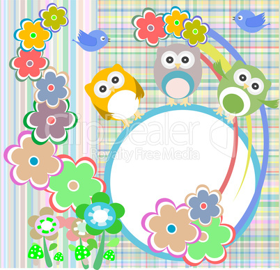 Background with owl, flowers and birds