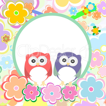funny colored cute owl with flowers. baby boy invitation card