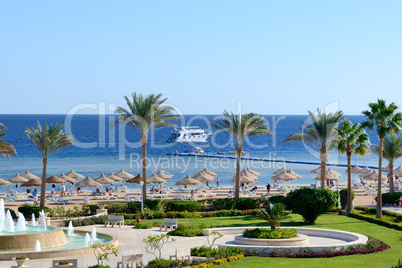 Motor yacht and beach at the luxury hotel, Sharm el Sheikh, Egyp