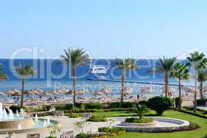 Motor yacht and beach at the luxury hotel, Sharm el Sheikh, Egyp