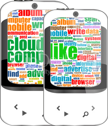 smartphone set with social word on display. Generic mobile smart phone