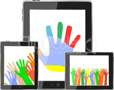 Hands on tablet pc screen. digital devices set