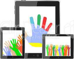 Hands on tablet pc screen. digital devices set