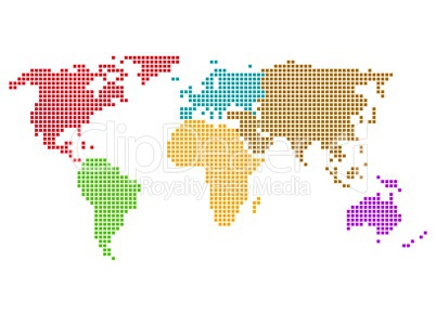 Pixel Weltkarte mit bunten Kontinenten