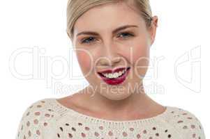 Fashion teen with bright red lipstick on lips