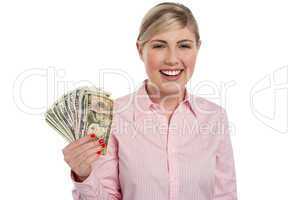 Pretty woman holding fan made of money