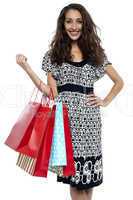 Shopaholic brunette carrying vibrant color bags