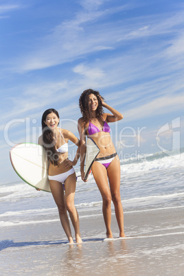 Beautiful Bikini Women Surfers & Surfboards At Beach