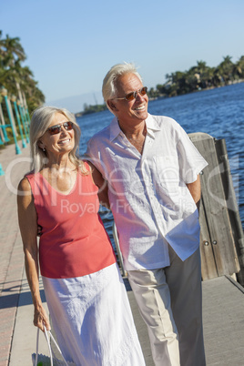 Happy Senior Couple Walking Tropical Sea or River