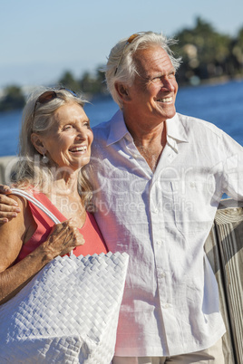 Happy Senior Couple Walking Tropical Sea or River