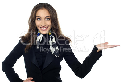 Charming flight stewardess presenting copy space