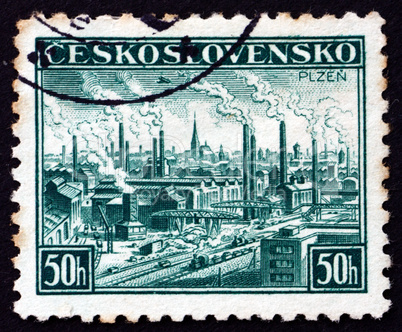 Postage stamp Czechoslovakia 1938 View of Pilsen, Plzen