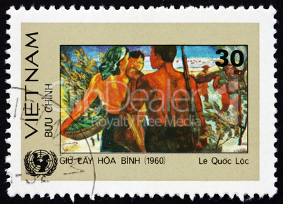 Postage stamp Vietnam 1984 Woman and Soldiers, Painting