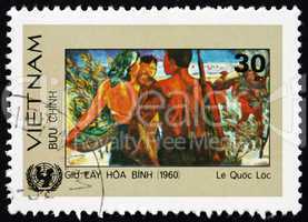 Postage stamp Vietnam 1984 Woman and Soldiers, Painting