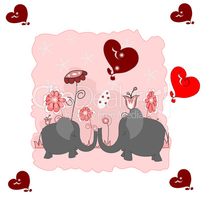 Lovers elephants with hearts and flowers