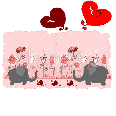 Lovers elephants with hearts and flowers