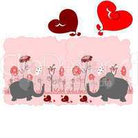 Lovers elephants with hearts and flowers