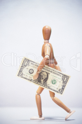 Mannequin carrying one dollar bill.