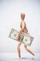 Mannequin carrying one dollar bill.