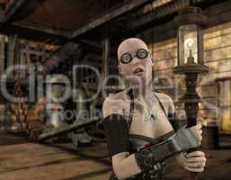 Frau mit Laterne im Steampunk Look