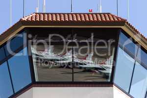 Control tower closeup reflection of