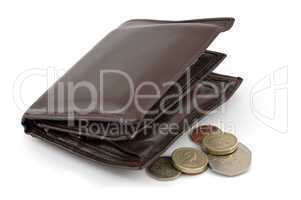Fat leather wallet and coins
