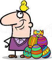 man with easter eggs and chicken cartoon