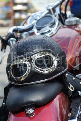 Black, leather motorcycle helmet wi