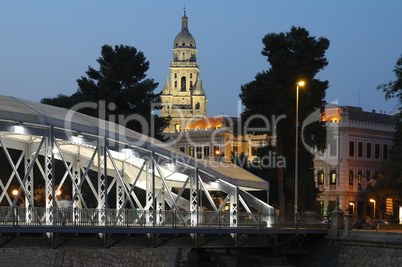 Illuminated bridge and spire Murcia