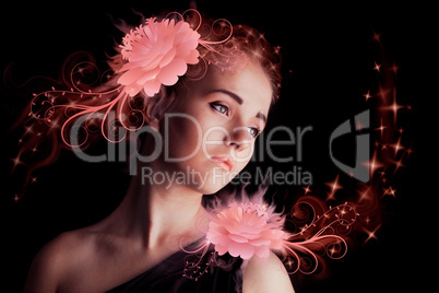 beautiful young girl with pink flowers