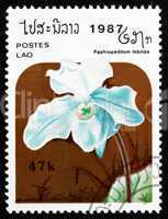 Postage stamp Laos 1987 Paphiopedilum Hybrid, Orchid, Flower