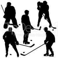 Set of silhouettes of hockey player. Vector  illustrations.