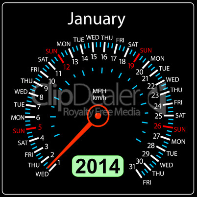 2014 year calendar speedometer car in vector. January.