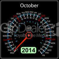 2014 year calendar speedometer car in vector. October.