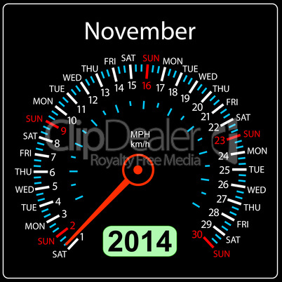 2014 year calendar speedometer car in vector. November.