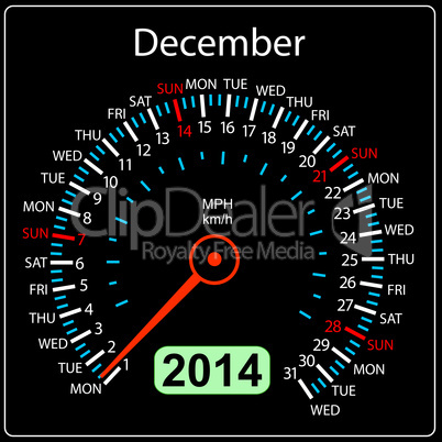 2014 year calendar speedometer car in vector. December.
