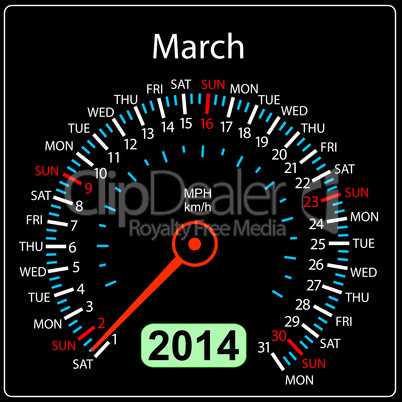 2014 year calendar speedometer car in vector. March.