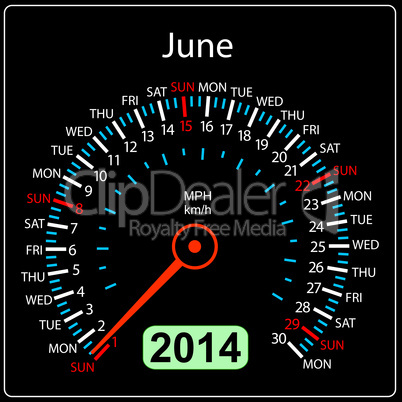 2014 year calendar speedometer car in vector. June.