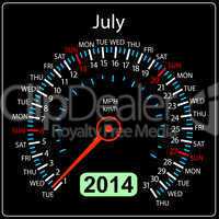 2014 year calendar speedometer car in vector. July.