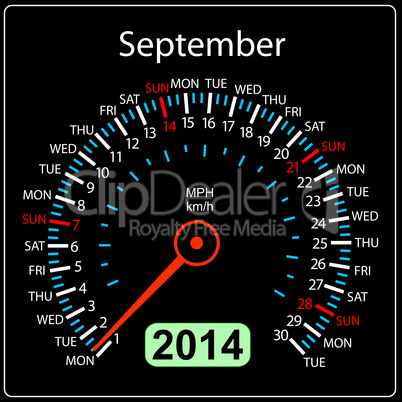 2014 year calendar speedometer car in vector. September.