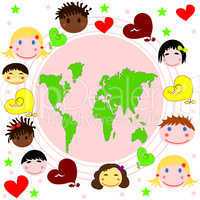 Map of the world , faces of children of different races and hearts