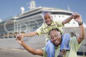 Happy Father and Son In Front of Cruise Ship