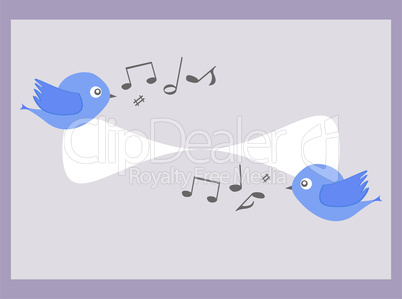 Cartoon blue birds sing. baby boy invitation card
