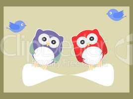 Owls and birds in baby boy invitation card